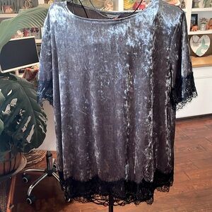 Elegant Gray Velvet Women's Top with Lace Trim
